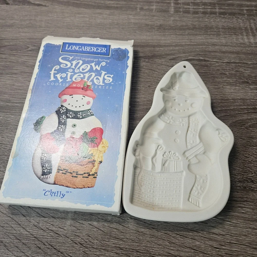 Longaberger Pottery Snow Friends Cookie Mold Chilly Snowman 1997 Vintage Boxed